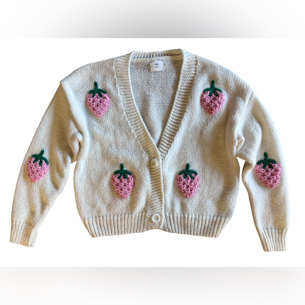 LUNA IVY Kitschy 3D Strawberry Knit Kawaii XS Cardigan Novelty Fruit Sweater Fun